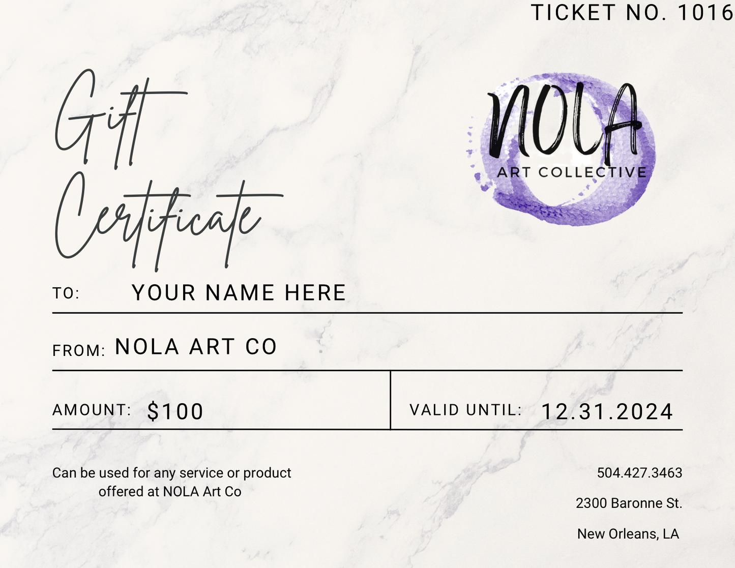 NOLA ART CO GIFT CERTIFICATE